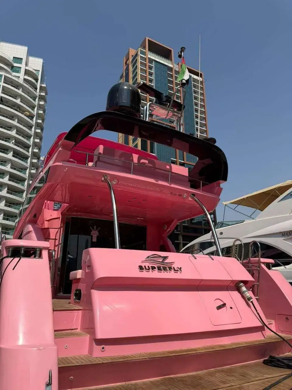 Stern of the Pink Yacht with its swim platform and teak steps