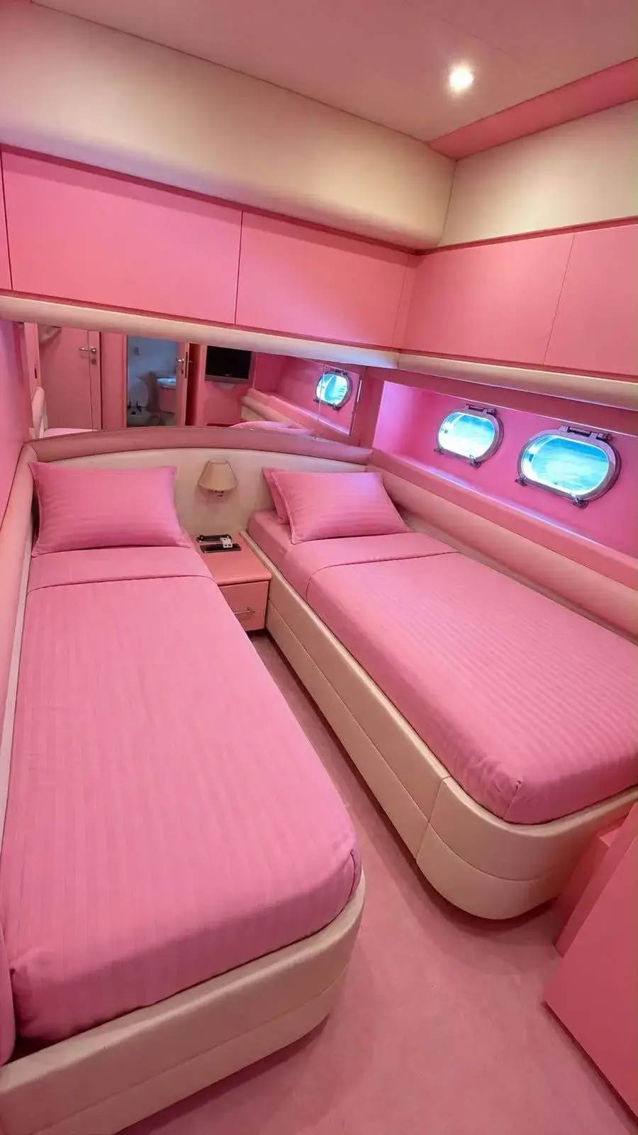 Twin cabin with two single beds in pink linen