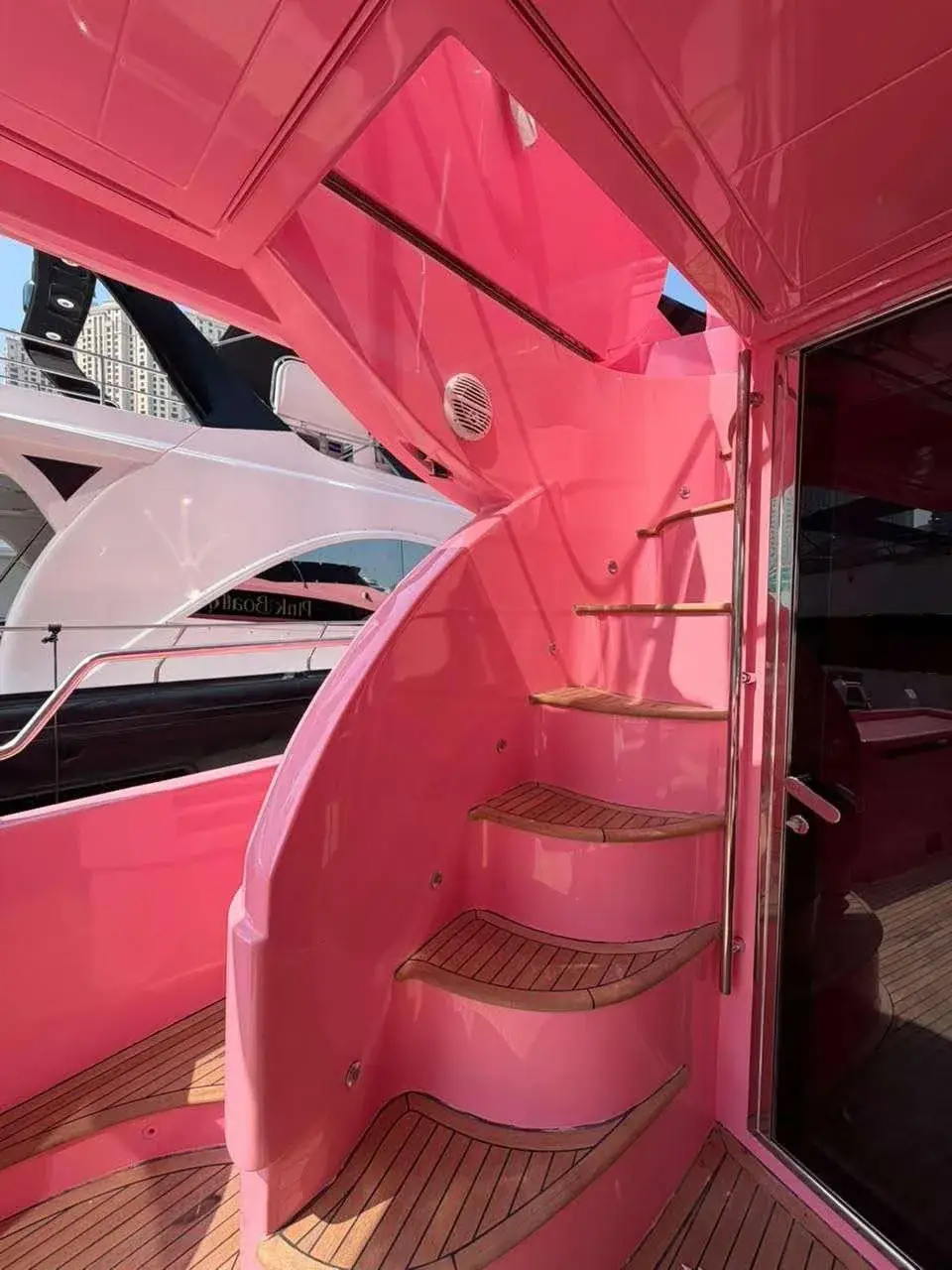 Pink stairway from the aft deck up to the flybridge