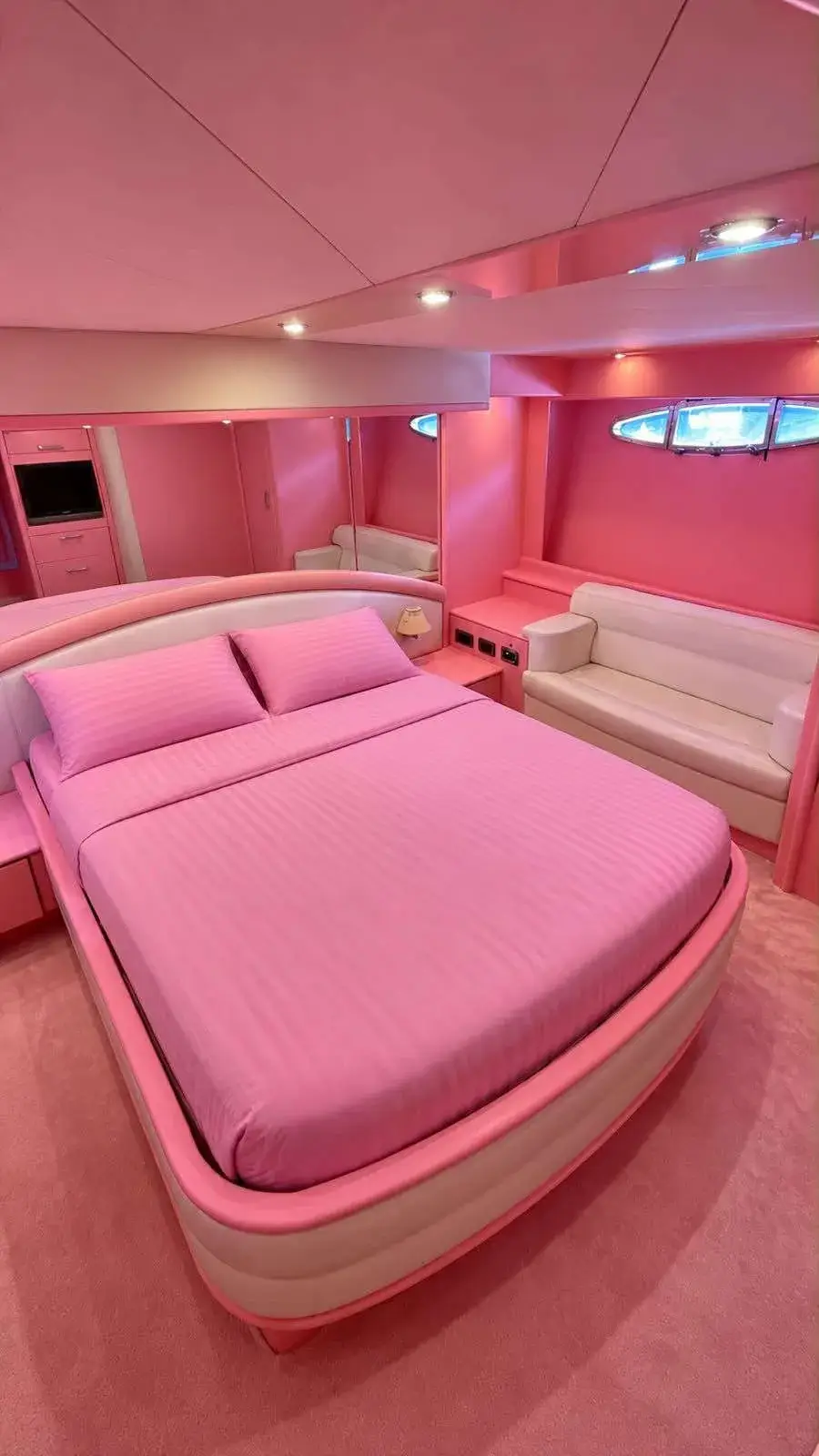 Master cabin with a double bed in pink linen and a white leather sofa