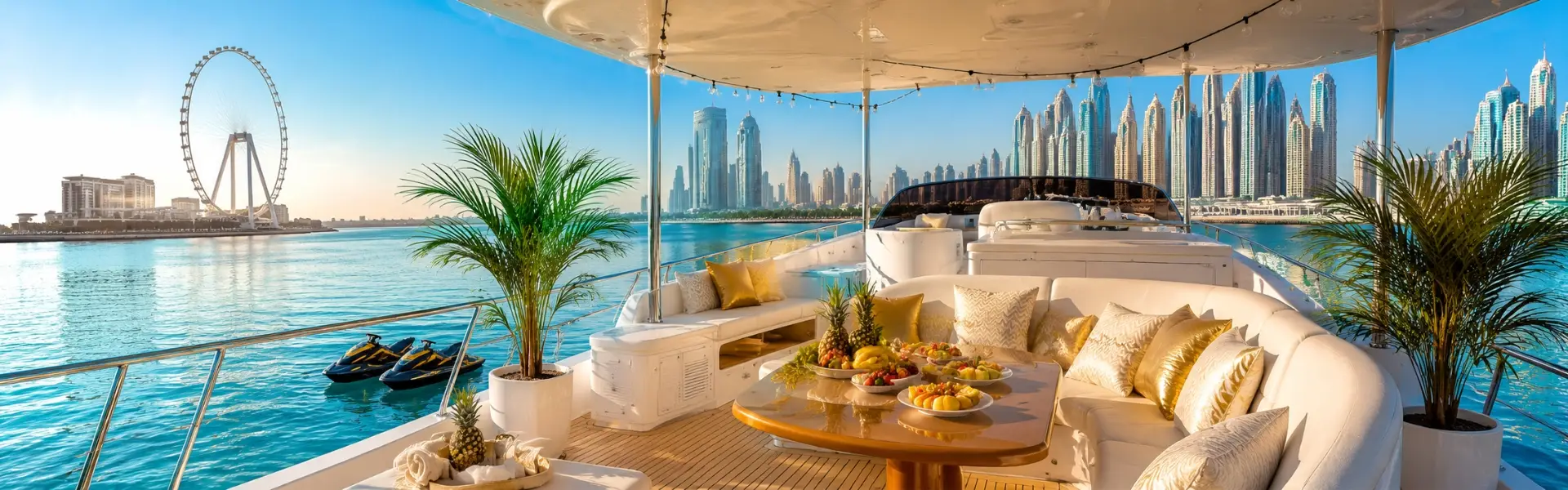 Luxury yacht deck in Dubai Marina set up for a celebration experience, with jet skis and the Dubai skyline in the background