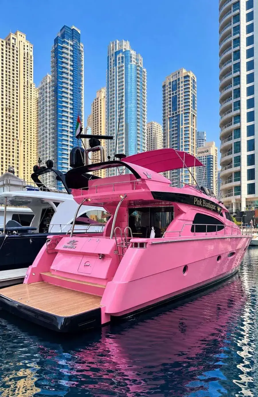 The Pink Yacht moored in Dubai Marina � a fully pink 64 ft yacht against the Marina towers