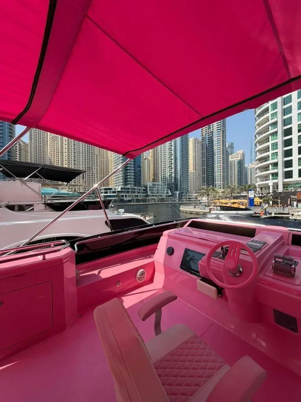 Helm station on the pink flybridge