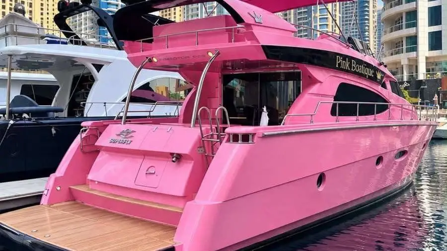 The pink birthday yacht � a fully pink 64 ft yacht with a pink bimini in Dubai Marina