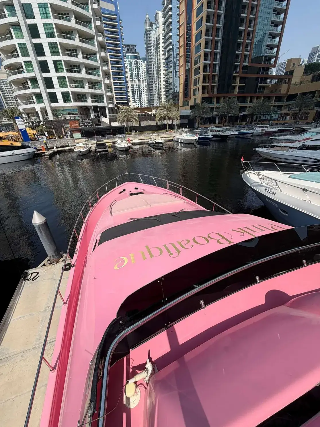 Pink foredeck and sunbathing area of the Pink Yacht, seen from the flybridge in Dubai Marina